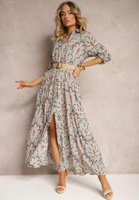 Renee - Miętowo-Różowa Koszulowa Sukienka z Dodatkowym Paskiem i Podpinanymi Rękawami Alonie. Kolor: miętowy. Typ sukienki: koszulowe #2