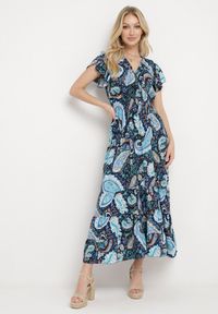 Born2be - Granatowa Bawełniana Sukienka Boho z Gumką w Talii i Wzorem Paisley Sirrelia. Kolor: niebieski. Materiał: bawełna. Wzór: paisley. Styl: boho #1