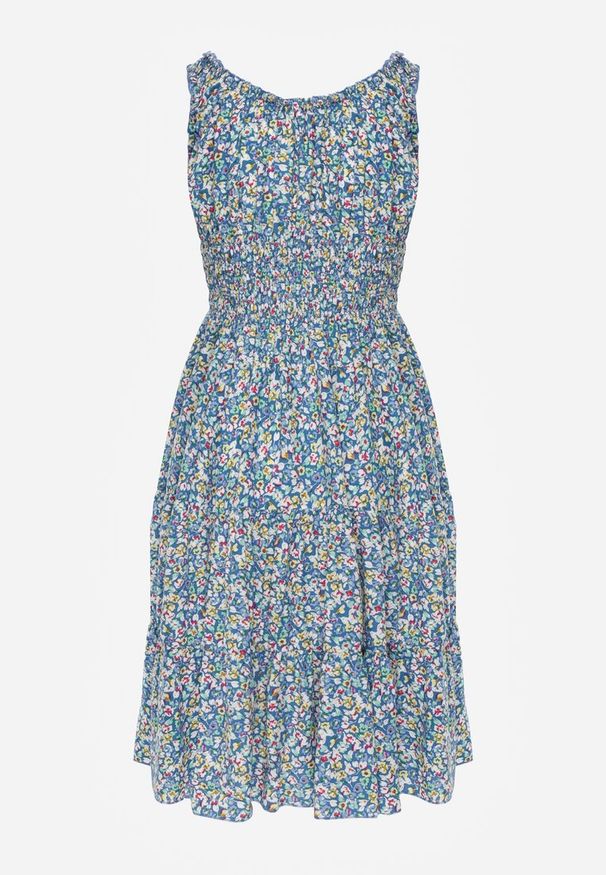 Renee - Niebieska Taliowana Sukienka Bawełniana o Rozkloszowanym Kroju z Gumką w Pasie Nelyssa. Okazja: na co dzień, na randkę. Typ kołnierza: dekolt hiszpanka. Kolor: niebieski. Materiał: bawełna. Długość rękawa: na ramiączkach. Sezon: lato. Styl: casual, boho