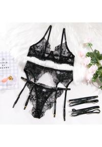 Intica - Koronkowy komplet bielizny trzyczęściowy regulowany Lizanne. Kolor: czarny. Materiał: koronka. Wzór: koronka #1