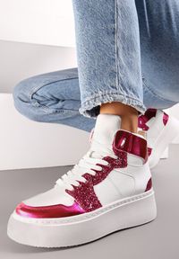 Renee - Biało-Fuksjowe Sznurowane Sneakersy za Kostkę z Brokatem i Metalicznymi Wstawkami Sareena. Wysokość cholewki: za kostkę. Kolor: biały #1