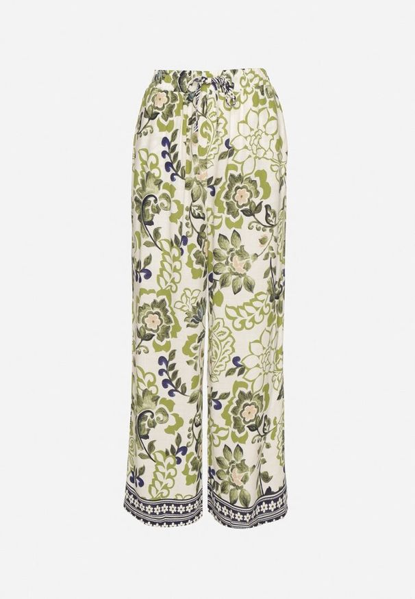 Born2be - Zielone Wiskozowe Spodnie o Prostym Kroju ze Ściągaczem w Talii Lielle. Okazja: na co dzień. Kolor: zielony. Materiał: wiskoza. Wzór: kwiaty. Styl: casual, elegancki