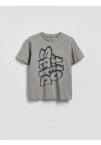 Reserved - Bawełniany t-shirt z nadrukiem - ciemnoszary. Kolor: szary. Materiał: bawełna. Wzór: nadruk