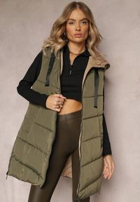 Renee - Zielona Długa Kamizelka z Kapturem Dwustronna Lurenta. Typ kołnierza: kaptur. Kolekcja: plus size. Kolor: zielony. Długość: długie #1
