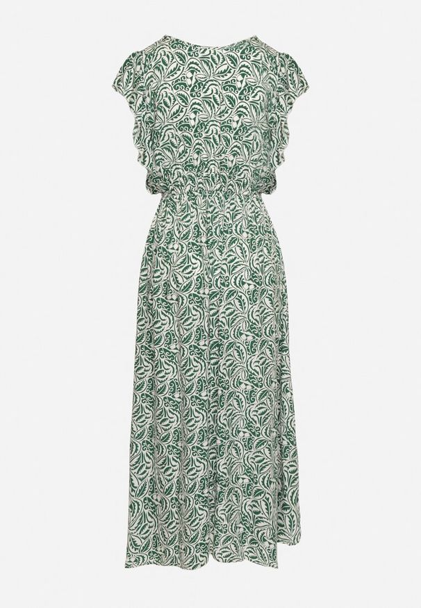 Born2be - Zielona Sukienka Bawełniana z Gumką w Talii i Mozaikowym Wzorem Indaria. Kolor: zielony. Materiał: bawełna