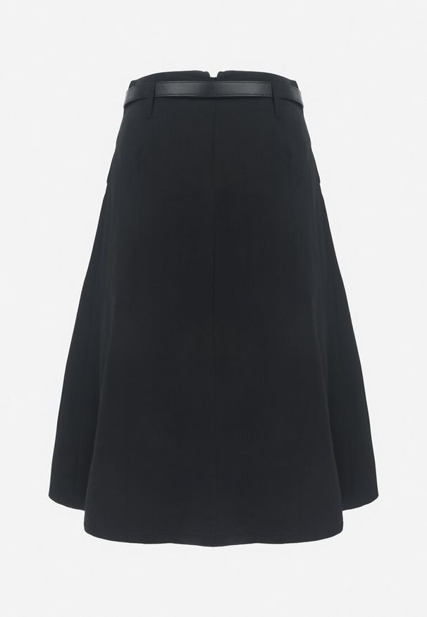 Born2be - Czarna Midi Spódnica z Ozdobnymi Klapami i Guzikami oraz Paskiem z Ekoskóry Olearia. Kolor: czarny. Materiał: poliester