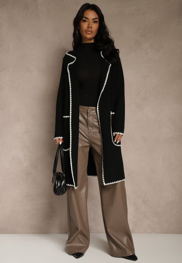 Renee - Czarny Kardigan z Haftowaną Lamówką Tuscele. Okazja: na co dzień. Kolor: czarny. Materiał: jeans. Wzór: haft. Styl: casual, elegancki