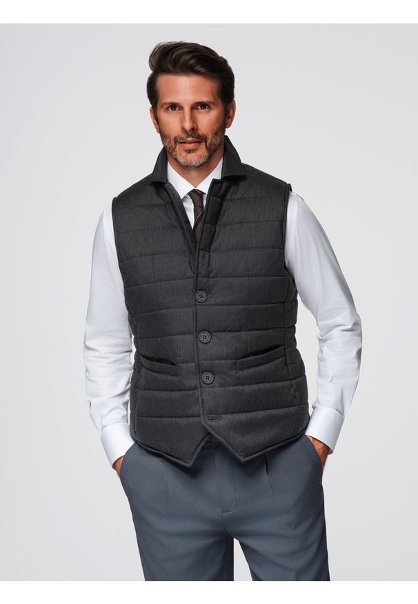 Ombre Clothing - Męska pikowana elegancka kamizelka ocieplacz - grafitowy melanż V1 - Rozmiar: S/M. Okazja: na co dzień. Kolor: szary. Materiał: satyna, materiał, tkanina, poliester. Długość rękawa: bez rękawów. Wzór: melanż. Styl: elegancki