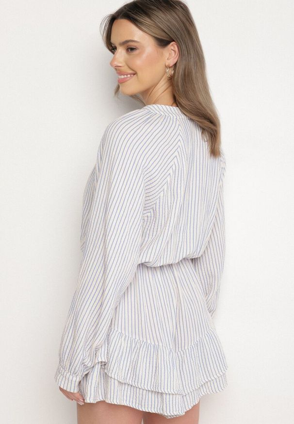 Born2be - Niebieski Bawełniany Kombinezon w Paseczki z Wiązaniem Oviare. Okazja: na spacer, na co dzień. Kolor: niebieski. Materiał: bawełna. Długość rękawa: długi rękaw. Długość: długie. Styl: klasyczny, casual, elegancki