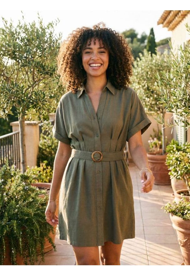 Sinsay - Sukienka z zapięciem na guziki - khaki. Kolor: brązowy