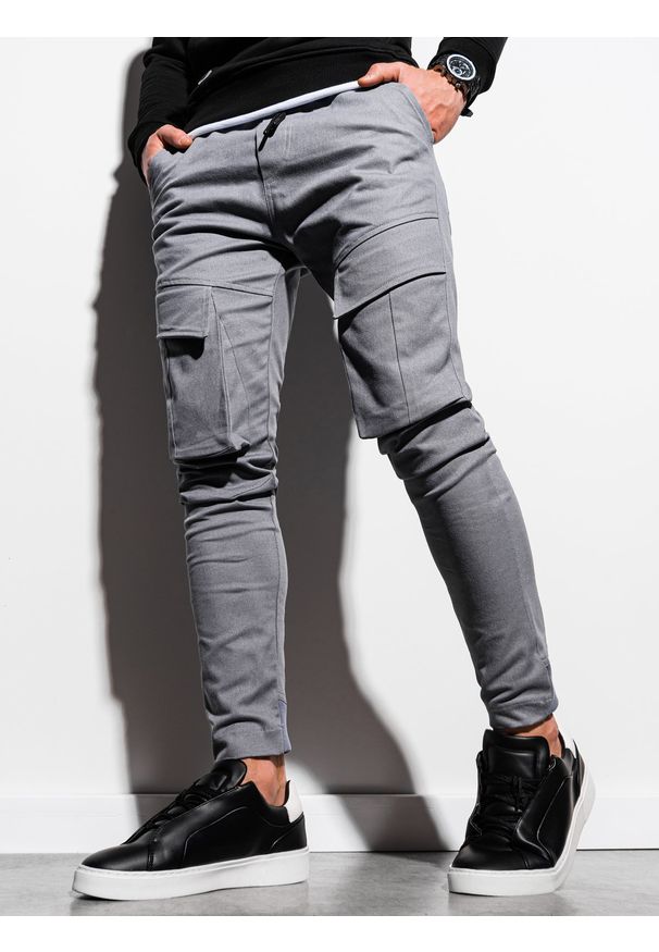 Ombre Clothing - Spodnie męskie joggery P999 - szare - L. Kolor: szary. Materiał: bawełna, elastan. Wzór: aplikacja