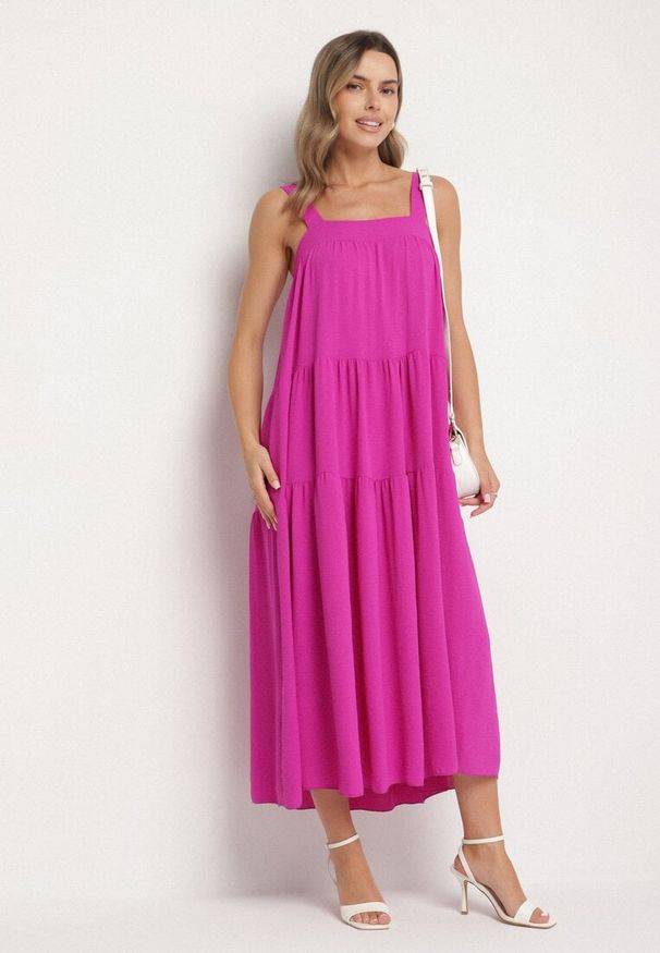 Born2be - Fioletowa Sukienka o Rozkloszowanym Kroju z Wiązaniem z Tyłu Savinelle. Okazja: na co dzień, na imprezę. Kolor: fioletowy. Styl: elegancki, casual