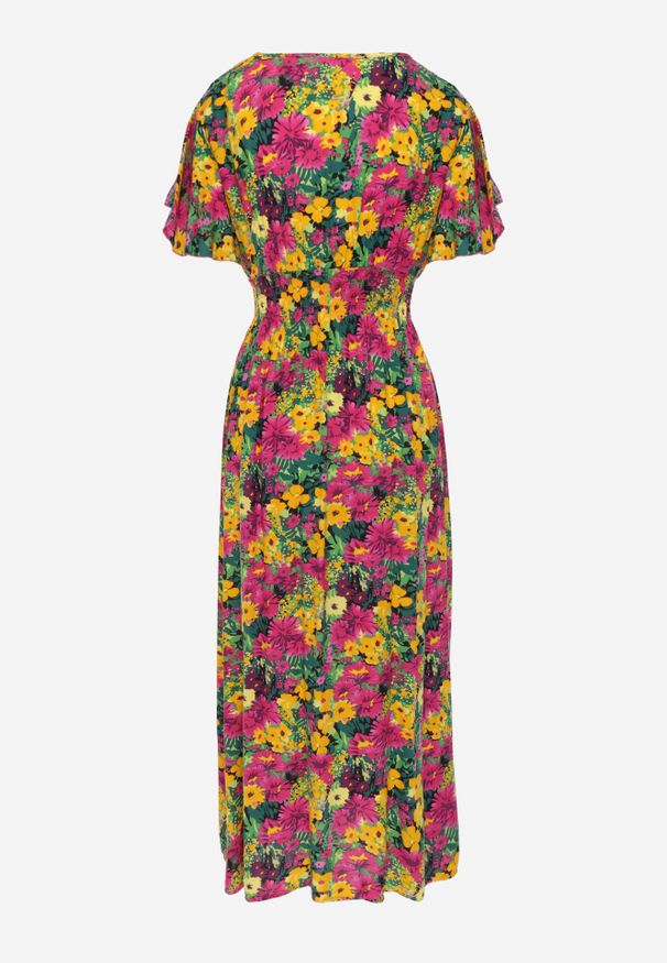 Renee - Żółto-Fuksjowa Rozkloszowana Sukienka Maxi z Gumką w Pasie z Wiskozy Femia. Kolor: żółty. Materiał: wiskoza. Długość: maxi