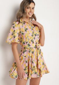 Born2be - Różowa Sukienka Koszulowa o Rozkloszowanym Kroju z Wiązanym Paskiem Laviliona. Okazja: na co dzień. Kolor: różowy. Materiał: jeans. Typ sukienki: koszulowe. Styl: casual, elegancki #2