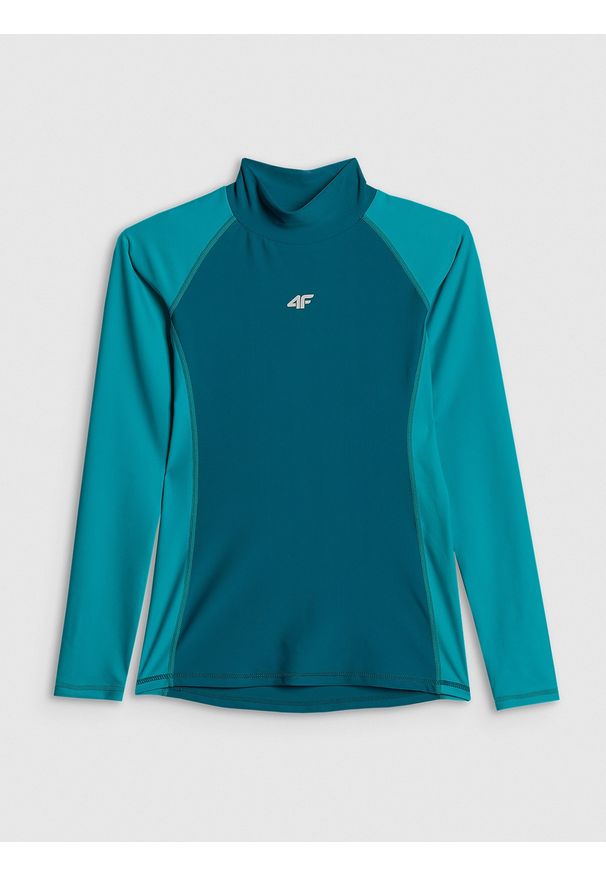 4f - 4F Top do pływania z nadrukiem damski - turkusowy XS. Typ kołnierza: kołnierzyk stójkowy. Kolor: turkusowy. Materiał: materiał, skóra, włókno. Długość: długie. Wzór: nadruk. Sport: pływanie