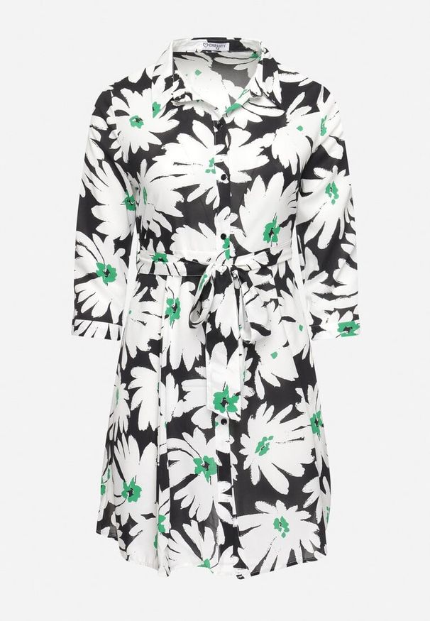 Born2be - Czarno-Biała Koszulowa Sukienka w Kwiaty z Wiązanym Paskiem Laritasia. Kolor: czarny. Długość rękawa: długi rękaw. Wzór: kwiaty. Typ sukienki: koszulowe