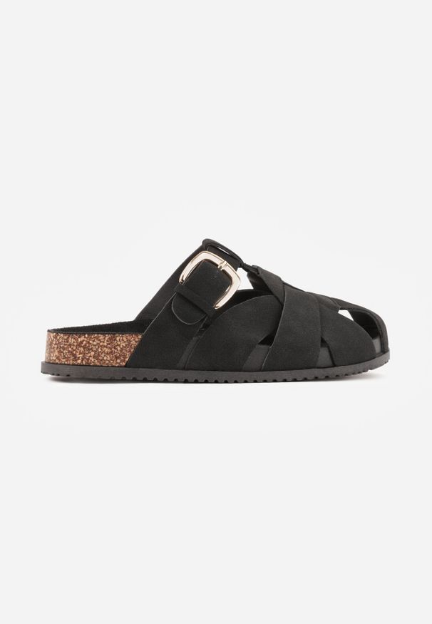 Born2be - Czarne Płaskie Klapki Mule z Przeplatanych Pasków z Klamrą Ceinca. Okazja: na co dzień. Kolor: czarny. Materiał: jeans, len. Wzór: haft, paski. Obcas: na płaskiej podeszwie. Styl: boho, wakacyjny, casual
