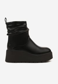 Born2be - Czarne Botki na Koturnie z Marszczoną Cholewką Tuloreia. Okazja: na imprezę, na co dzień. Kolor: czarny. Materiał: jeans. Szerokość cholewki: normalna. Obcas: na koturnie. Styl: casual #6
