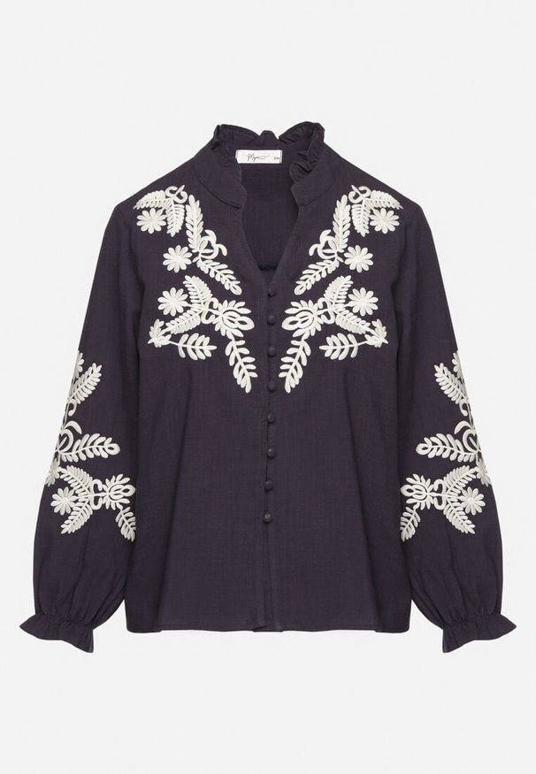 Born2be - Granatowa Koszula z Bawełną i Wiskozą Ozdobiona Haftem Naliven. Okazja: na co dzień. Kolor: niebieski. Materiał: wiskoza, bawełna. Wzór: aplikacja, haft. Styl: elegancki, casual