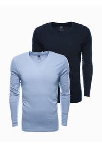Ombre Clothing - Zestaw longsleeve męski V-NECK - mix 2-pak V6 - Rozmiar: XL. Okazja: na co dzień. Kolor: niebieski. Materiał: tkanina, skóra, materiał, bawełna. Długość rękawa: długi rękaw. Długość: długie. Wzór: gładki, jednolity. Styl: klasyczny, wizytowy, casual