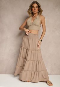 Renee - Beżowa Rozkloszowana Spódnica z Gumką w Talii Zdobiona Falbanami Dovinelle. Okazja: na co dzień. Kolor: beżowy. Wzór: aplikacja. Styl: casual, elegancki