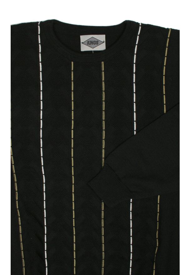 Kings - Sweter Czarny w Pionowe Paski, Okrągły Dekolt (U-neck) -KINGS- Męski. Kolor: czarny. Materiał: bawełna, akryl. Wzór: paski. Sezon: jesień, zima. Styl: klasyczny