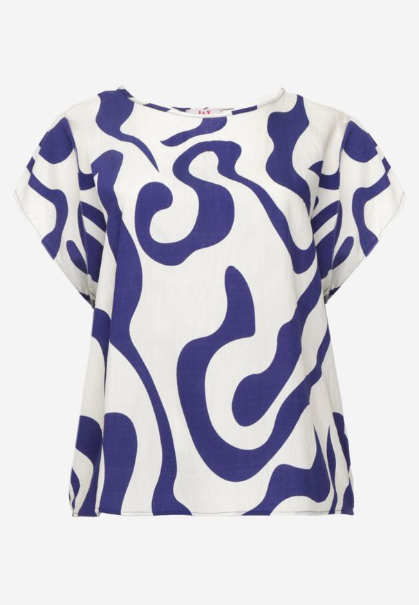 Born2be - Niebieska Wiskozowa Bluzka Oversize z Krótkim Rękawem w Abstrakcyjny Wzór Ginedina. Okazja: na co dzień, do pracy, na spotkanie biznesowe. Kolor: niebieski. Materiał: wiskoza. Długość rękawa: krótki rękaw. Długość: krótkie. Styl: casual, biznesowy, elegancki