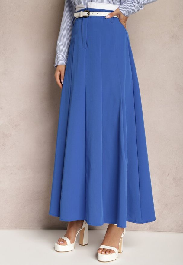 Renee - Niebieska Spódnica Długa Rozkloszowana High Waist Leoraia. Okazja: na spotkanie biznesowe, na co dzień. Stan: podwyższony. Kolor: niebieski. Długość: długie. Styl: casual, elegancki, biznesowy