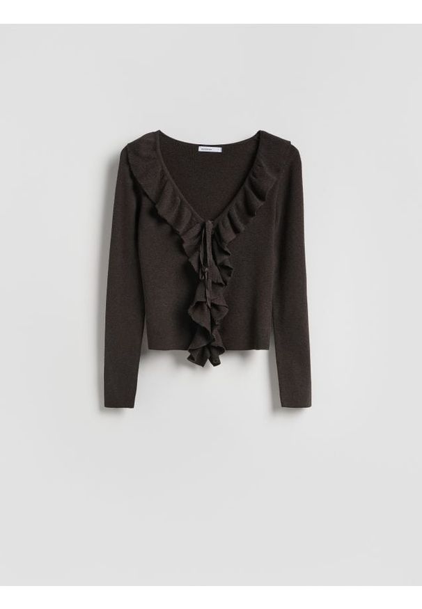 Reserved - Sweter z falbanką - ciemnobrązowy. Kolor: brązowy. Materiał: dzianina, wełna