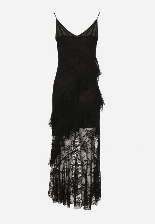 Born2be - Czarna Sukienka z Koronki na Ramiączkach Zdobiona Falbankami Aravelle. Okazja: na imprezę. Typ kołnierza: kołnierz z falbankami. Kolor: czarny. Materiał: koronka. Długość rękawa: na ramiączkach. Wzór: aplikacja, koronka. Sezon: wiosna, lato. Styl: elegancki