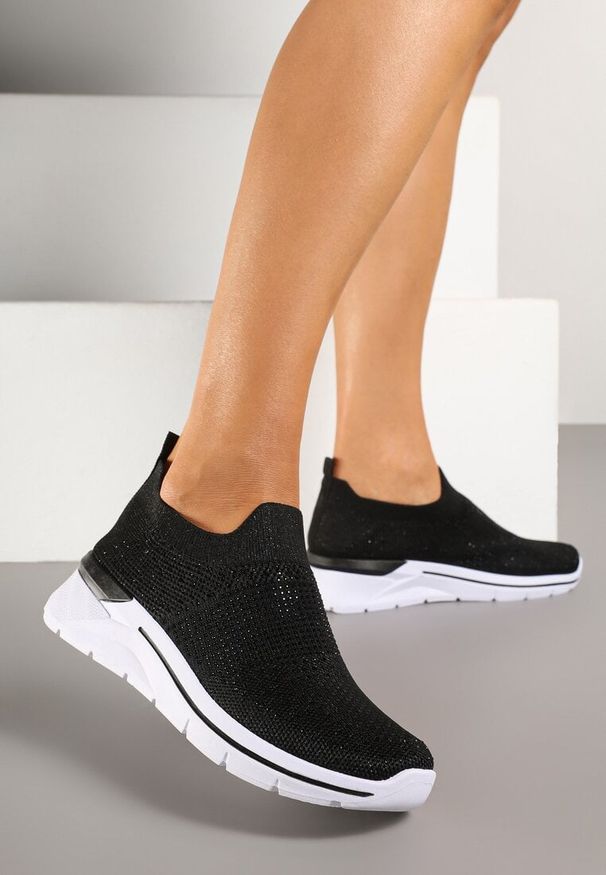 Born2be - Czarne Buty Sportowe z Cyrkoniami przed Kostkę z Elastyczną Cholewką Telanissea. Okazja: na co dzień. Wysokość cholewki: przed kostkę. Kolor: czarny. Materiał: jeans. Szerokość cholewki: normalna