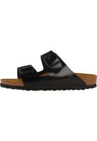 Klapki damskie Birkenstock Arizona Patent. Zapięcie: bez zapięcia. Kolor: czarny. Materiał: syntetyk, materiał. Sport: turystyka piesza