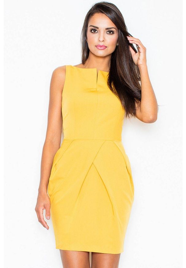 Figl - Elegancka sukienka tulipan z efektownymi zakładkami żółta. Kolor: żółty. Typ sukienki: tulipan. Styl: elegancki