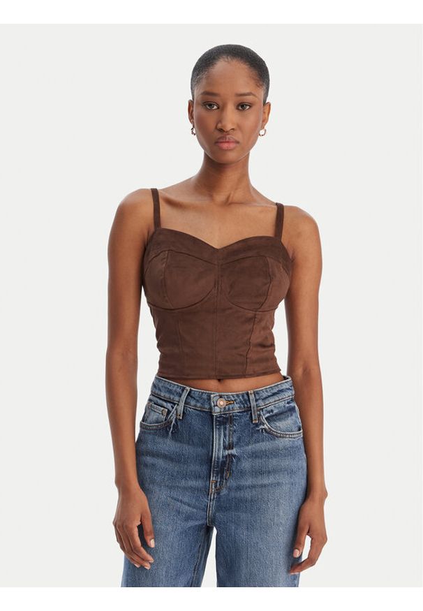 Guess Top W6RH03 WJ472 Brązowy Slim Fit. Kolor: brązowy. Materiał: syntetyk