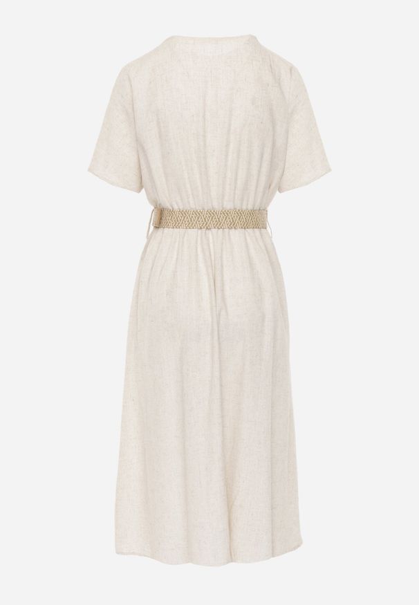 Born2be - Beżowa Bawełniana Sukienka Midi z Gumką w Pasie i Paskiem z Klamerką Daylia. Kolor: beżowy. Materiał: bawełna. Sezon: wiosna, lato. Długość: midi