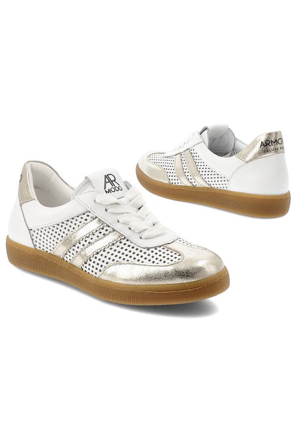 Sneakersy damskie Armodo, cholewka ze skóry naturalnej gładka konstrukcja z dekoracyjnymi wstawkami klasyczne sznurowanie niska wygodna podeszwa, bia. Okazja: na co dzień. Zapięcie: sznurówki. Kolor: biały. Materiał: skóra. Szerokość cholewki: normalna. Wzór: gładki. Styl: klasyczny
