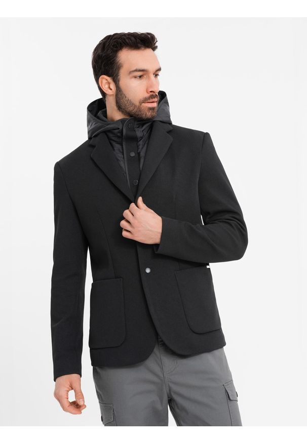 Ombre Clothing - Marynarka męska z podpinką z wysokim kołnierzem i kapturem – czarna V2 OM-BLZB-0133 - XXL. Typ kołnierza: kaptur. Kolor: niebieski. Materiał: syntetyk, poliester, dzianina, materiał. Wzór: aplikacja. Styl: elegancki