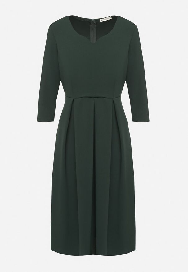 Born2be - Ciemnozielona Rozkloszowana Sukienka z Rękawem 3/4 Nomiel. Okazja: na co dzień, na spotkanie biznesowe. Typ kołnierza: dekolt w kształcie V. Kolor: zielony. Typ sukienki: rozkloszowane. Styl: casual, klasyczny, elegancki, biznesowy