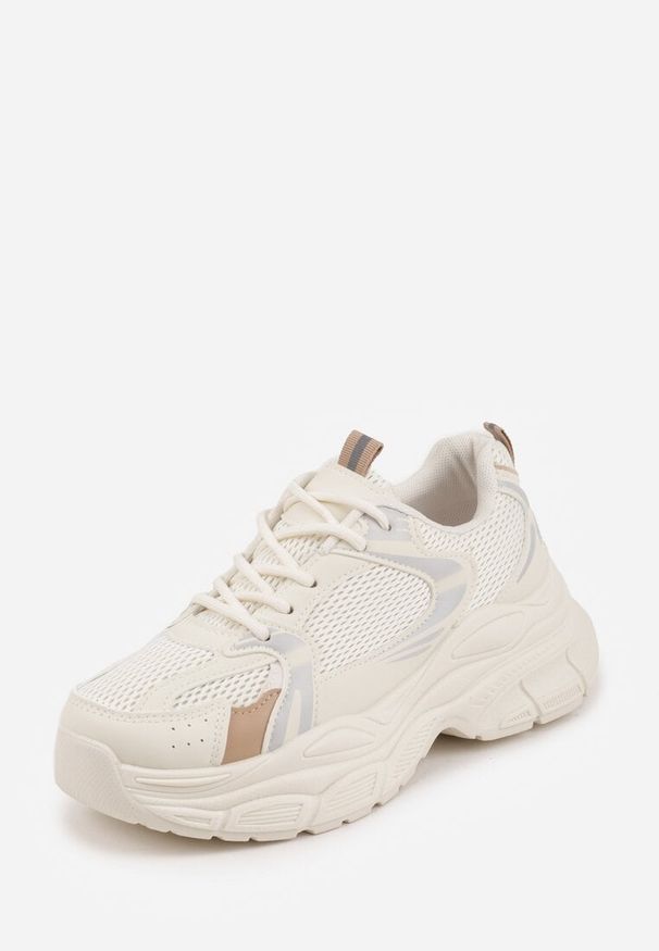 Renee - Beżowe Sneakersy VICES na Geometrycznej Platformie z Perforacją Elinata. Kolor: beżowy. Materiał: jeans. Wzór: geometria. Sezon: wiosna. Obcas: na platformie. Sport: joga i pilates