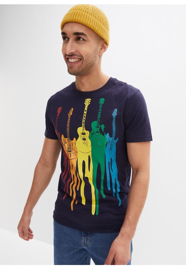 bonprix - T-shirt z czystej bawełny, slim fit. Kolor: niebieski. Materiał: bawełna. Wzór: nadruk