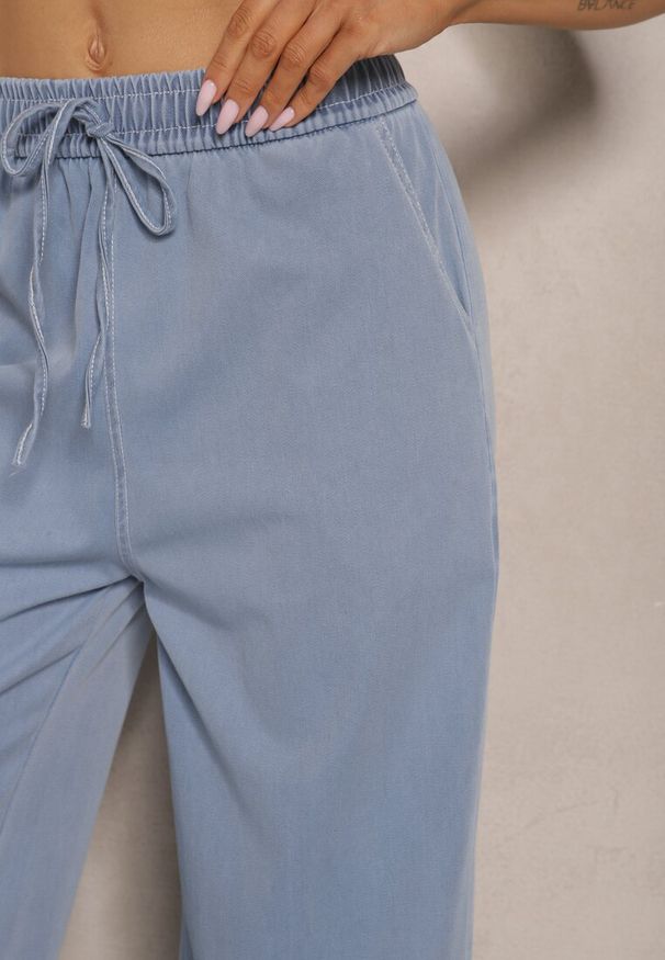 Renee - Jasnoniebieskie Spodnie z Bawełną o Szerokim Kroju High Waist ze Sznurkiem Lisanila. Stan: podwyższony. Kolor: niebieski. Materiał: bawełna. Sezon: lato, wiosna