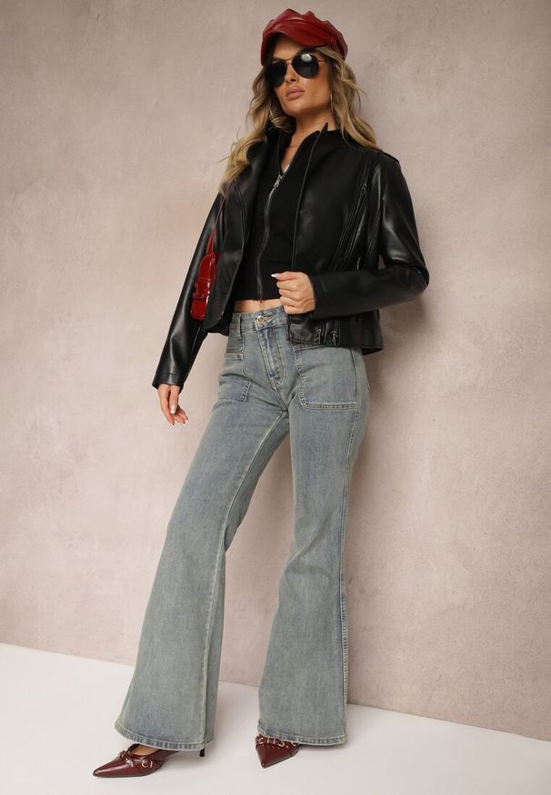 Renee - Czarna Taliowana Kurtka Typu Ramoneska ze Stójką Meloriana. Okazja: na co dzień. Typ kołnierza: kołnierzyk stójkowy. Kolor: czarny. Materiał: jeans. Styl: klasyczny, elegancki, casual