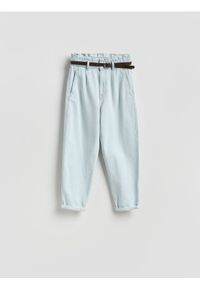 Reserved - Jeansy paperbag - turkusowy. Kolor: turkusowy