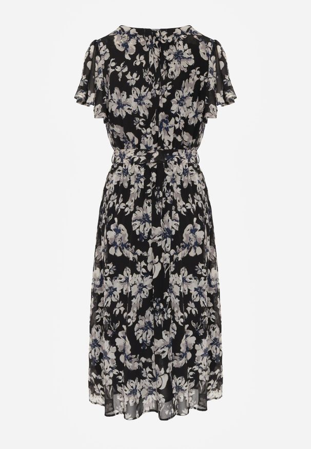 Born2be - Czarna Kopertowa Sukienka w Kwiaty z Wiązanym Paskiem i Brokatem Hilingea. Okazja: do pracy, na co dzień, na imprezę. Kolor: czarny. Wzór: kwiaty. Typ sukienki: kopertowe. Styl: elegancki, casual. Długość: midi