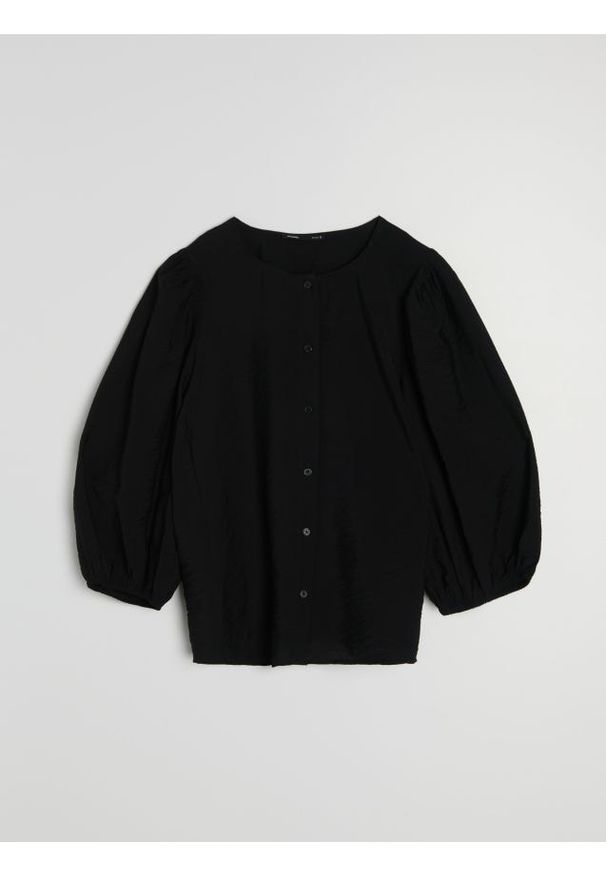 Sinsay - Wiskozowa bluzka koszulowa z bufiastymi rękawami - czarny. Kolor: czarny. Materiał: wiskoza