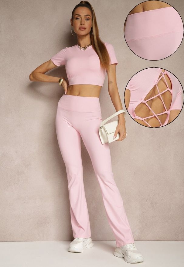 Renee - Różowy Komplet Sportowy Spodnie i Koszulka Ozdobiona Sznurowaniem Lumileine. Kolor: różowy. Wzór: aplikacja