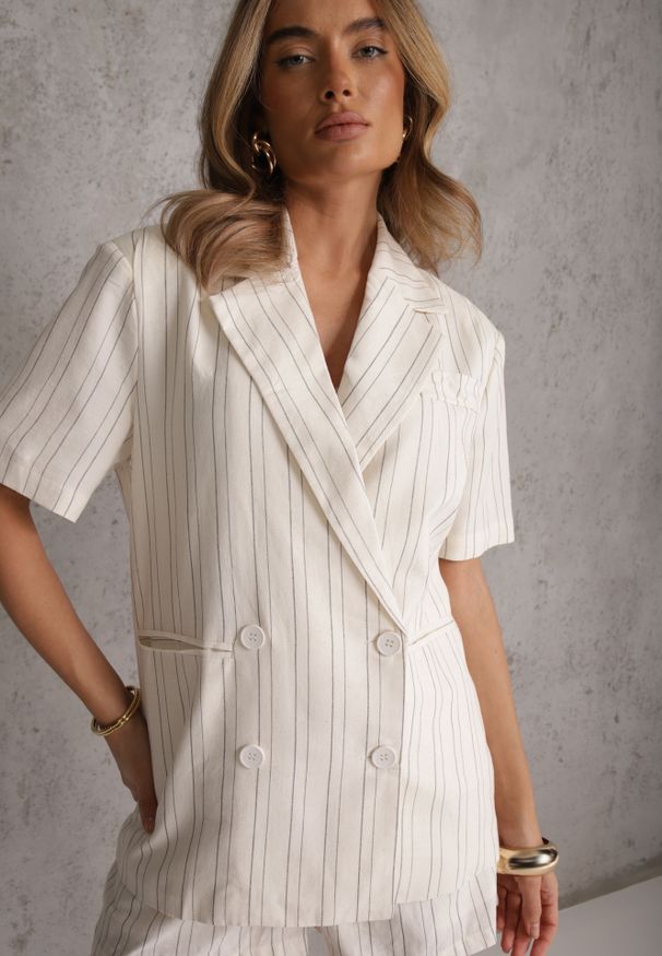 Renee - Beżowy Komplet z Wiskozą i Bawełną Szorty i Marynarka z Krótkim Rękawem Zaleria. Kolor: beżowy. Materiał: wiskoza, bawełna. Wzór: paski