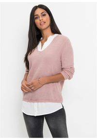 bonprix - Sweter z koszulową wstawką. Kolor: różowy. Długość rękawa: długi rękaw. Długość: długie #1