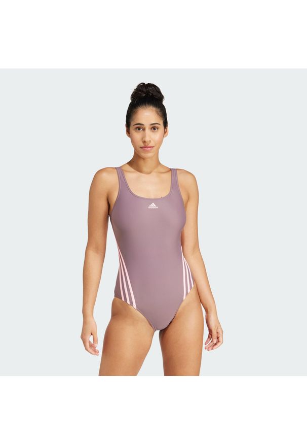 Adidas - adidas 3-Stripes Swimsuit. Kolor: fioletowy, różowy, wielokolorowy. Materiał: materiał