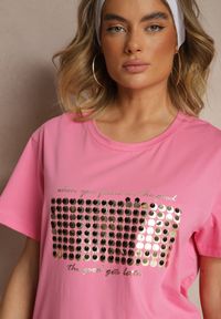 Renee - Różowy T-shirt z Bawełny z Naszytymi Cekinami Avenelli. Okazja: na co dzień. Kolor: różowy. Materiał: bawełna. Wzór: aplikacja. Styl: klasyczny, elegancki, casual #4